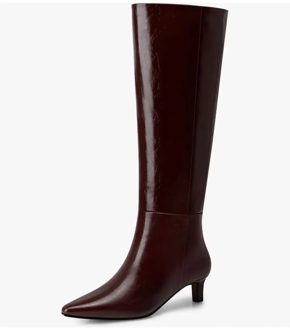 CELLENZ Faux Leather Knee High Boots Pointed Toe Low Kitten Heel Brown Size 8.5